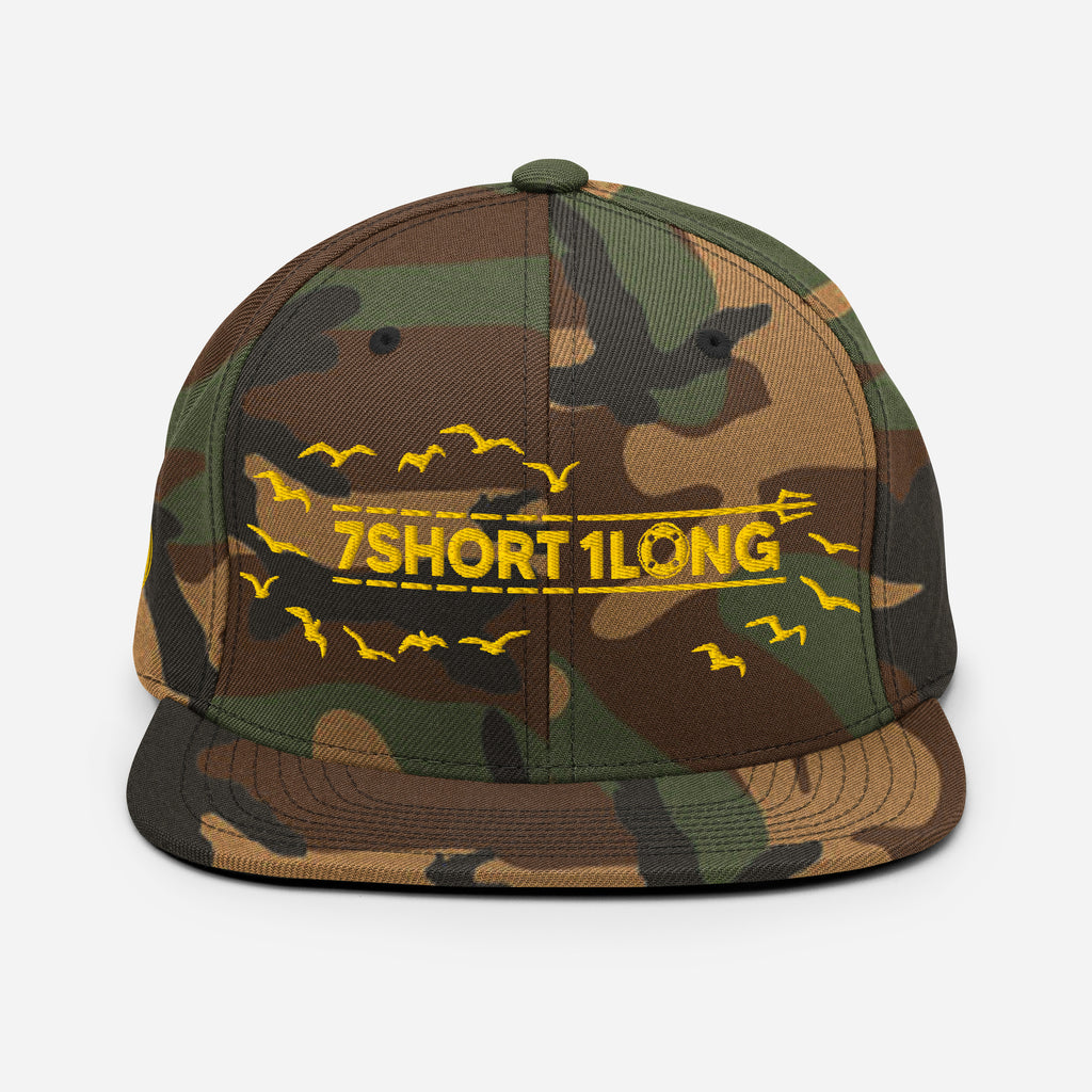 Camouflage Seafarer Cap with 7SHORT1LONG logo and bird embroidery, rugged marine streetwear snapback hat