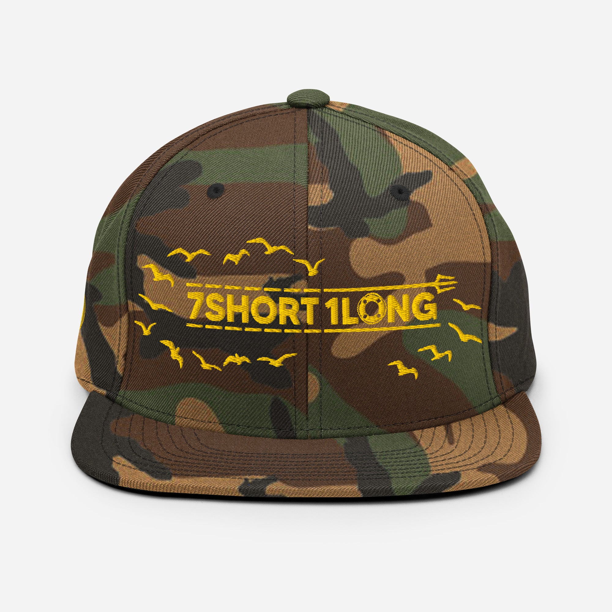 Camouflage Seafarer Cap with 7SHORT1LONG logo and bird embroidery, rugged marine streetwear snapback hat