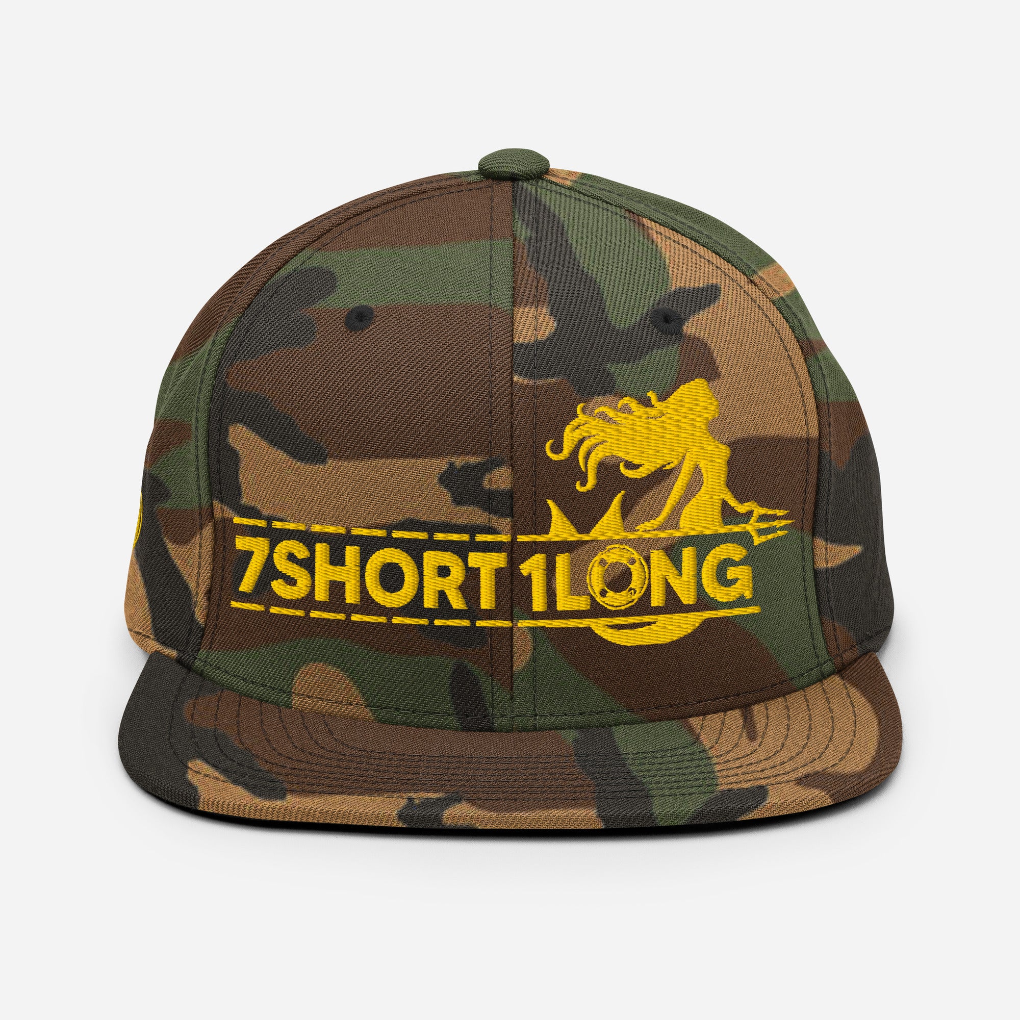 Seafarer Maritime Mermaid Snapback Cap by 7SHORT1LONG® in green camo with front embroidery, casual maritime style accessory. Main image