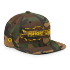 Camo Seafarer Cap angled view with flying birds design and embroidered logo, nautical crew style cap