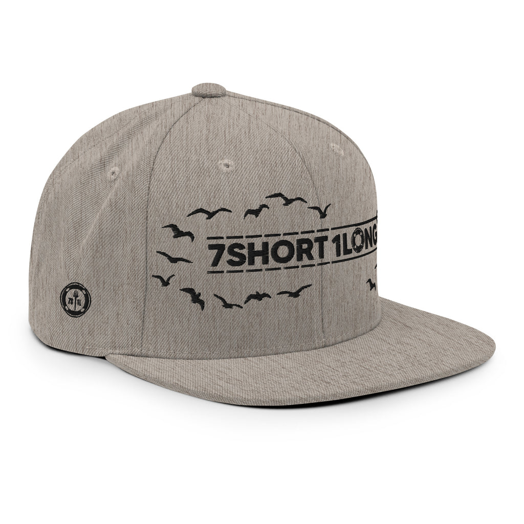 Beige Seafarer Cap angled side view with seaguls design, seafarer inspired flat brim cap