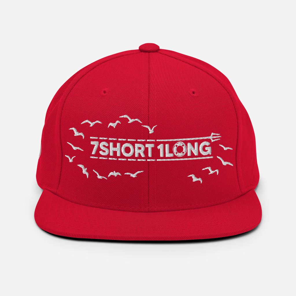 Red Seafarer Cap with 7SHORT1LONG logo and bird embroidery, bold nautical streetwear snapback hat