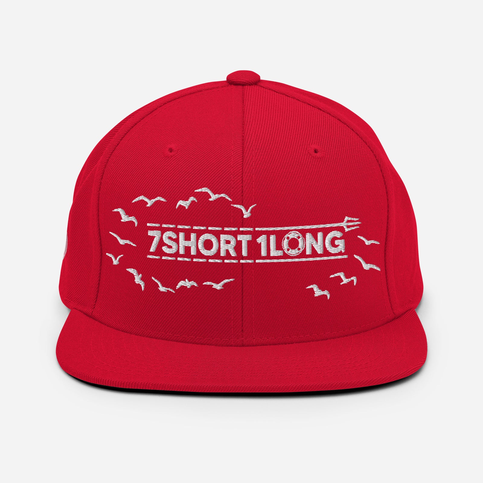 Red Seafarer Cap with 7SHORT1LONG logo and bird embroidery, bold nautical streetwear snapback hat