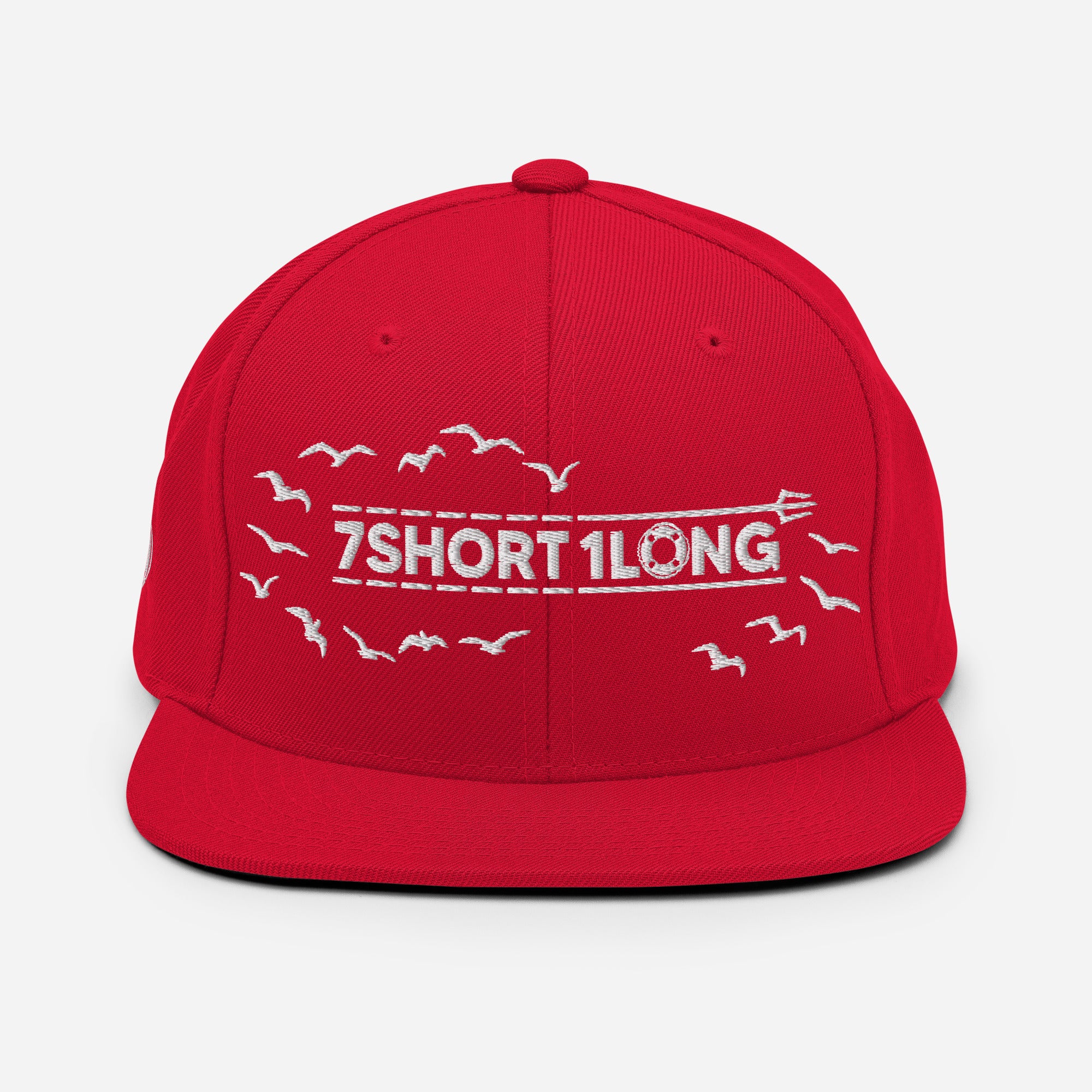 Red Seafarer Cap with 7SHORT1LONG logo and bird embroidery, bold nautical streetwear snapback hat
