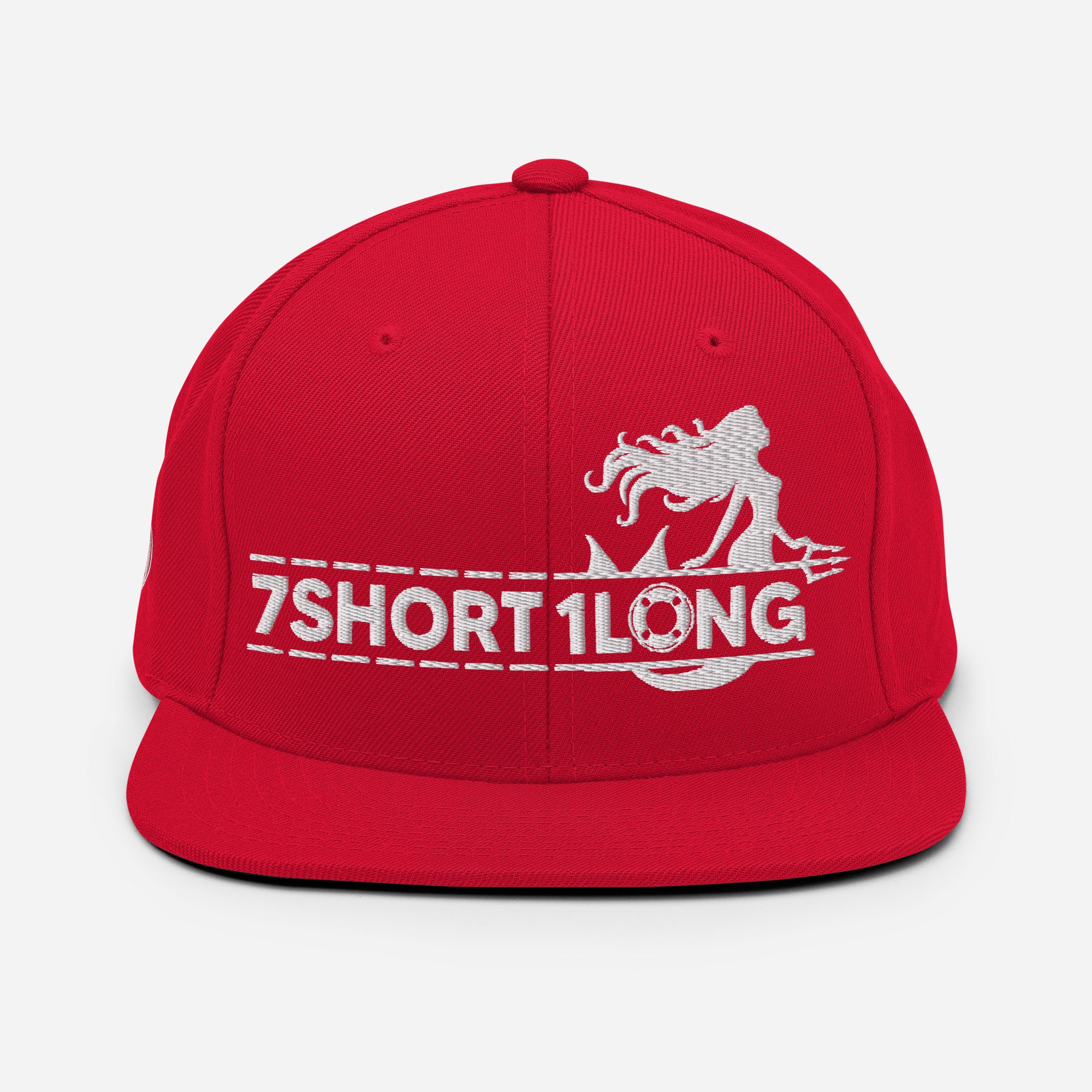 Red Seafarer Maritime Mermaid Snapback Cap by 7SHORT1LONG® with a classic front design and adjustable strap.