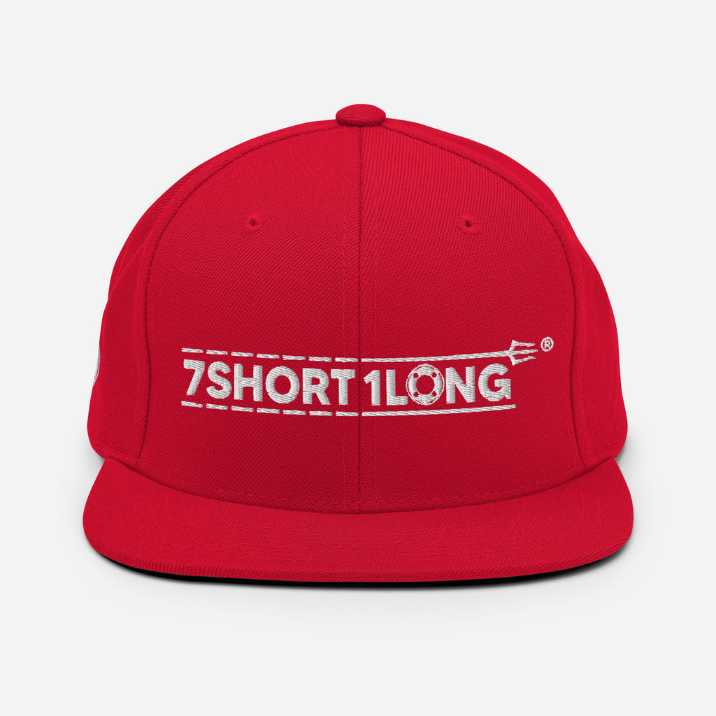 Red Seafarer Cap with 7SHORT1LONG embroidered logo, bold flat brim streetwear snapback hat