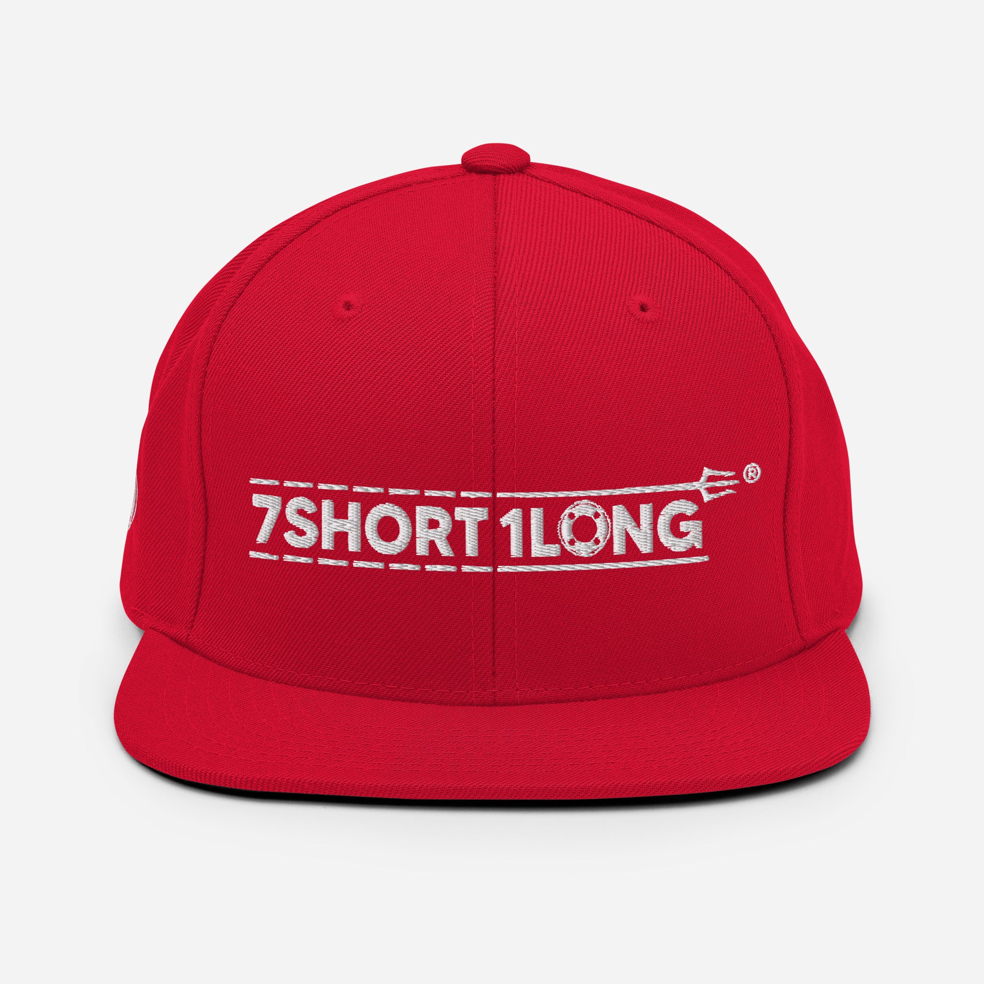 Red Seafarer Cap with 7SHORT1LONG embroidered logo, bold flat brim streetwear snapback hat