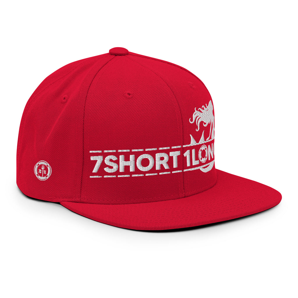 Red Seafarer Maritime Mermaid Snapback Cap by 7SHORT1LONG® with front embroidery, adjustable strap, and flat brim.