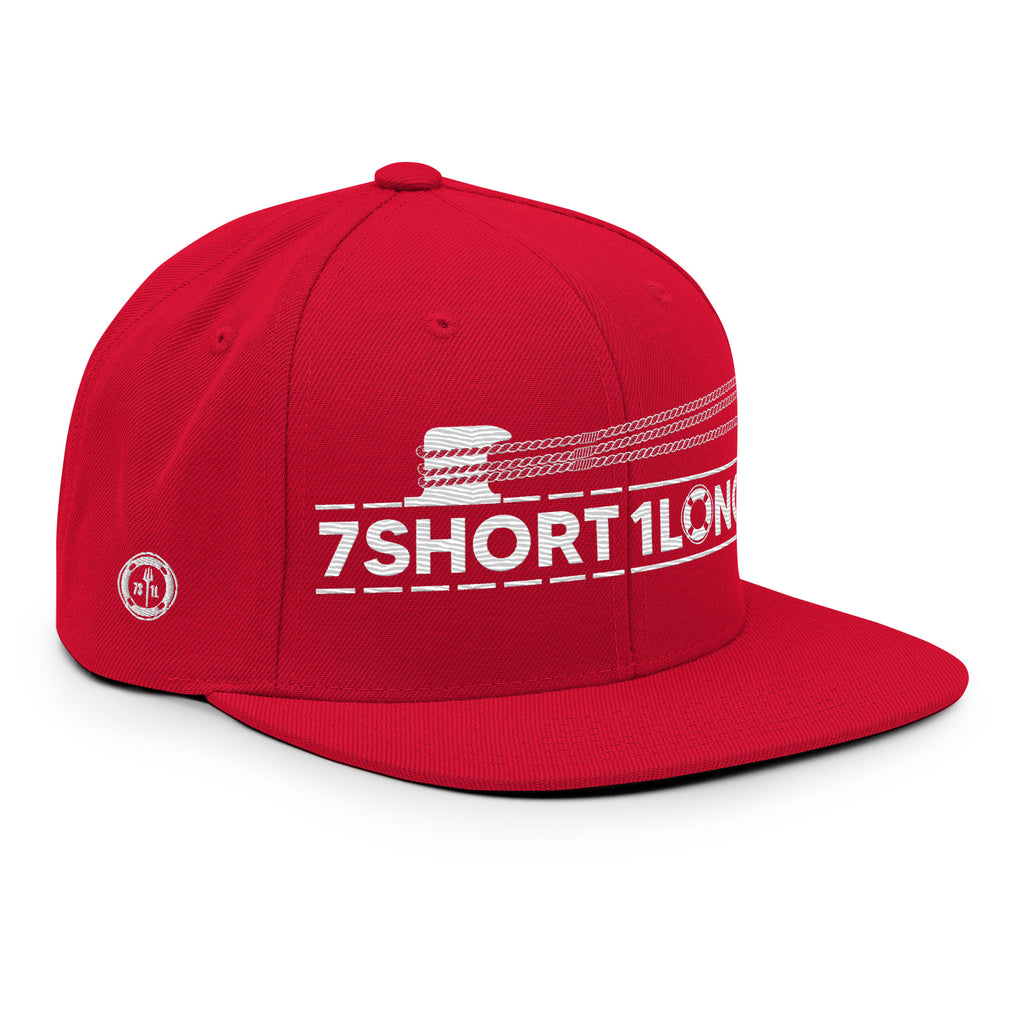Red Deck Hand Seafarer Nautical Snapback Cap by 7SHORT1LONG® with front embroidery and adjustable strap.