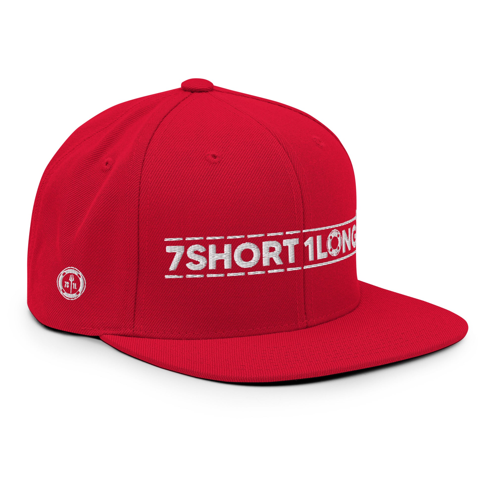 Red Seafarer Cap angled side view with 7SHORT1LONG branding, structured urban fashion cap