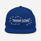 Blue Seafarer Cap with 7SHORT1LONG logo and flying birds embroidery, nautical streetwear flat brim hat front view