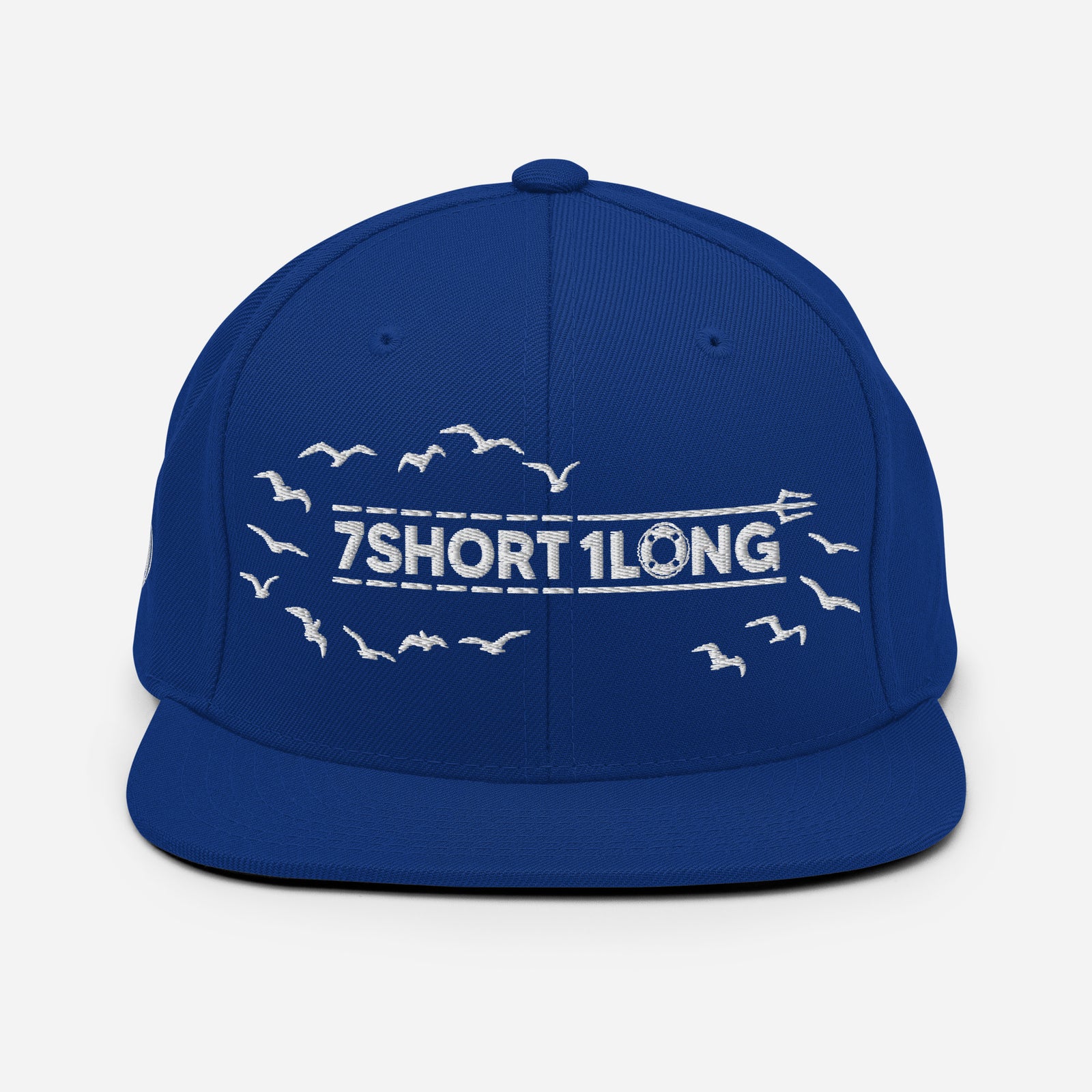 Blue Seafarer Cap with 7SHORT1LONG logo and flying birds embroidery, nautical streetwear flat brim hat front view