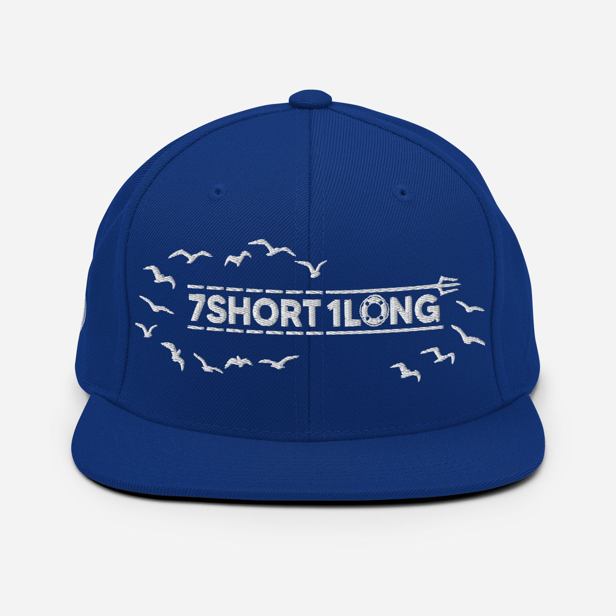 Blue Seafarer Cap with 7SHORT1LONG logo and flying birds embroidery, nautical streetwear flat brim hat front view