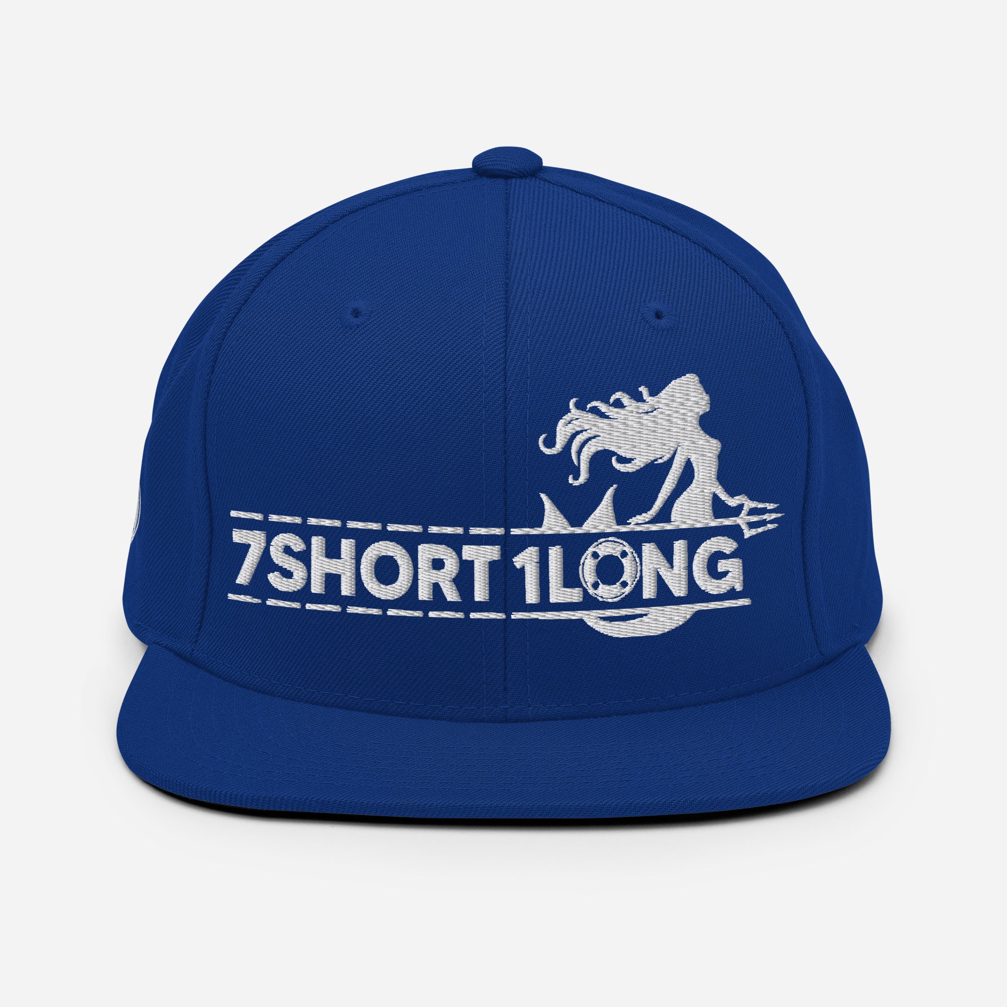 Royal blue Seafarer Maritime Mermaid snapback cap by 7SHORT1LONG®, featuring a maritime mermaid design on the front.