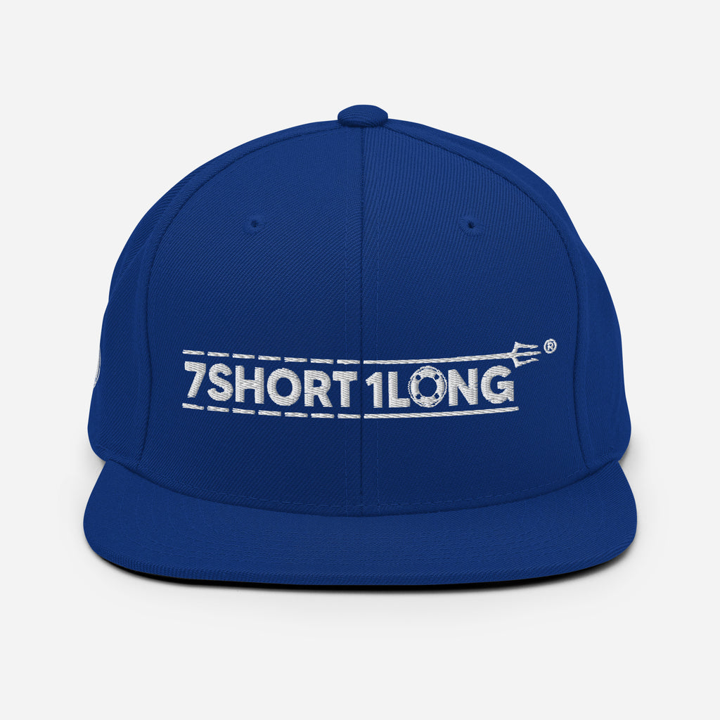 Blue Seafarer Cap with 7SHORT1LONG embroidery, flat bill structured cap modern streetwear style
