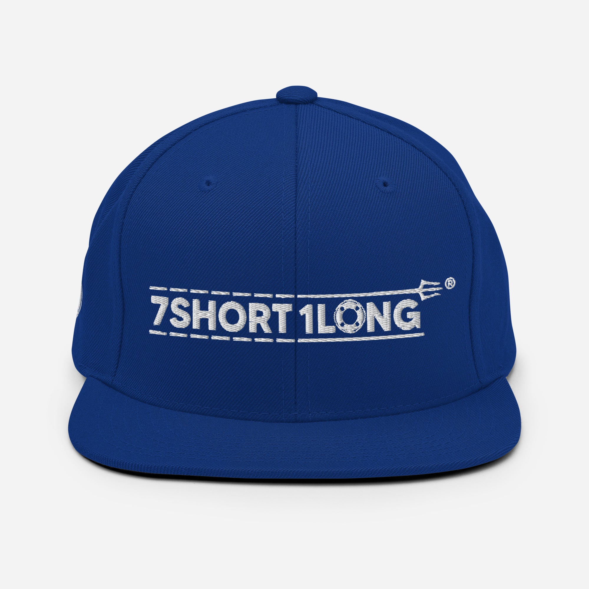 Blue Seafarer Cap with 7SHORT1LONG embroidery, flat bill structured cap modern streetwear style