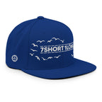 Blue Seafarer Cap angled side view with embroidered seagulls and 7SHORT1LONG branding, marine crew snapback cap