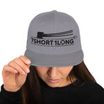 Snapback cap with 7-Shot-One-Long logo and mooring lines design, inspired by ship mooring operations and bringing lines ashore, adjustable snapback closure.