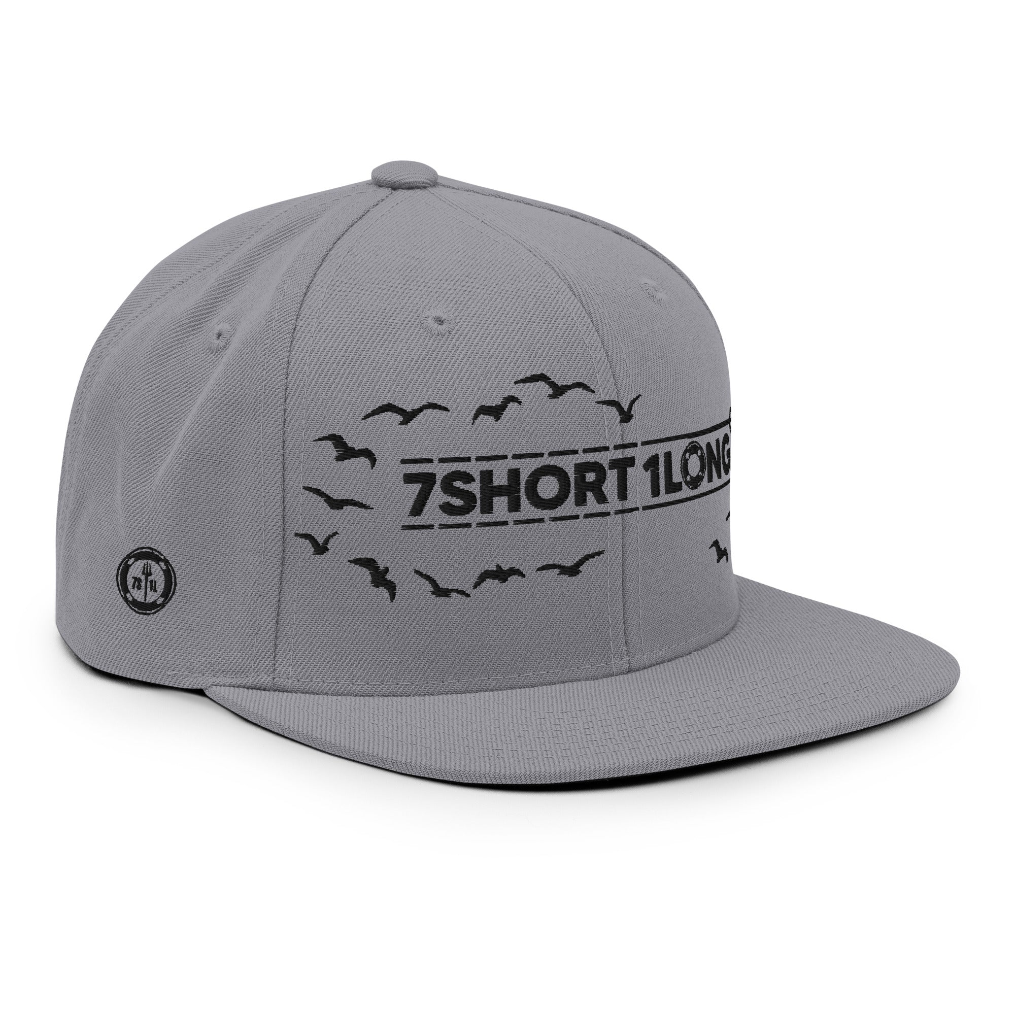 Grey Seafarer Cap side angle with flying seagulls design and embroidered branding, modern marine cap