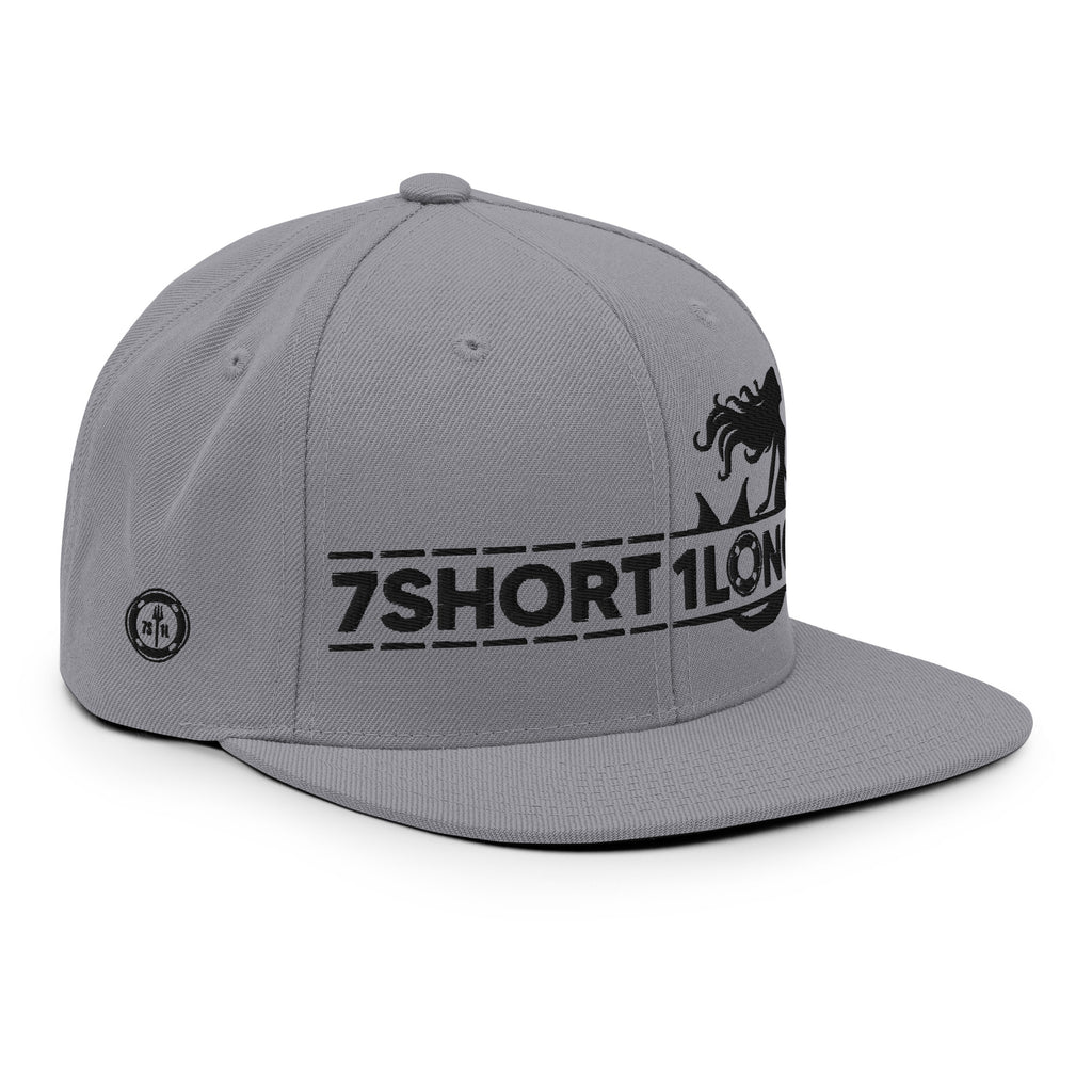 Seafarer Maritime Mermaid Snapback Cap by 7SHORT1LONG® with silver front panel and adjustable strap, viewed from right front angle.