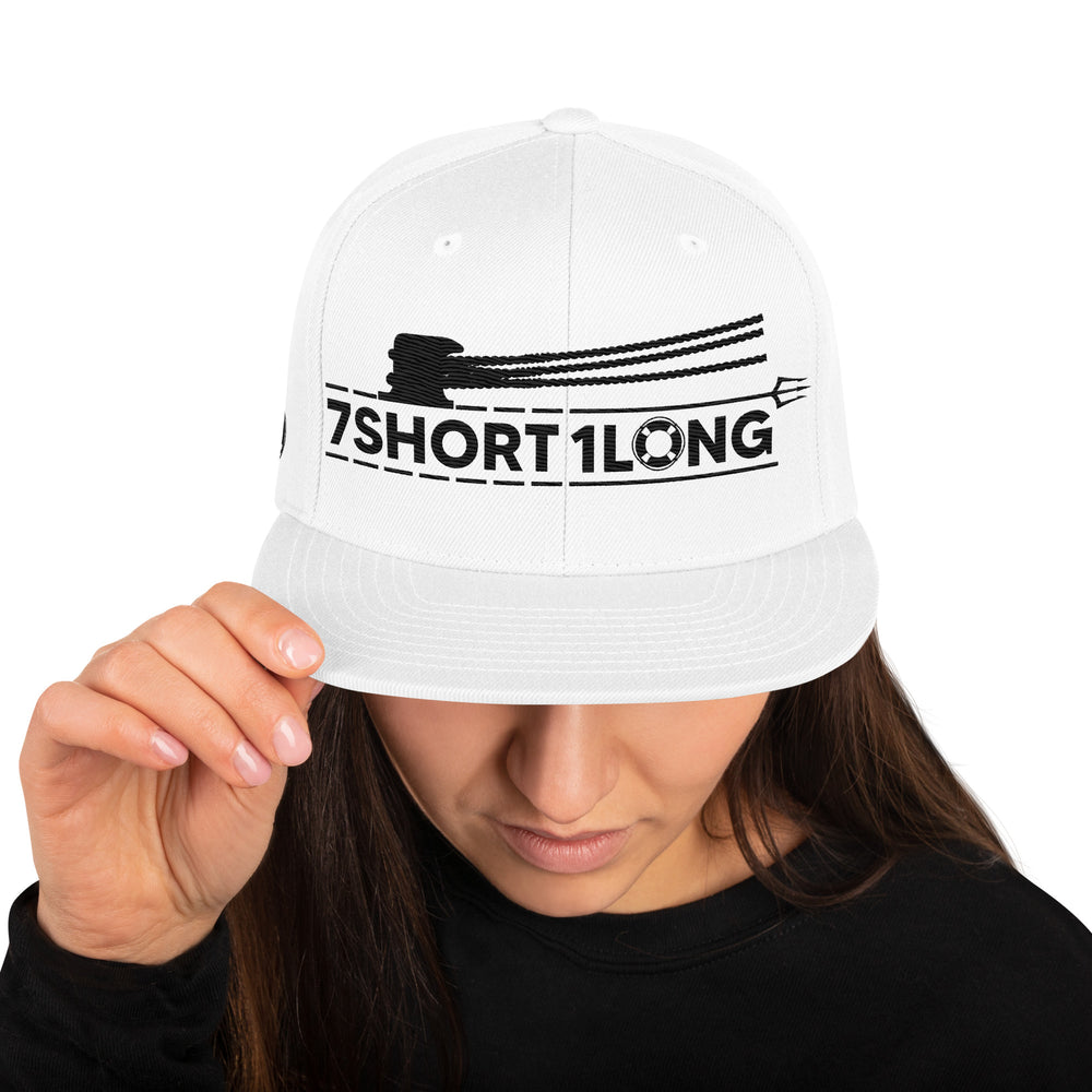 Snapback cap with 7-Shot-One-Long logo and mooring lines design, inspired by ship mooring operations and bringing lines ashore, adjustable snapback closure.