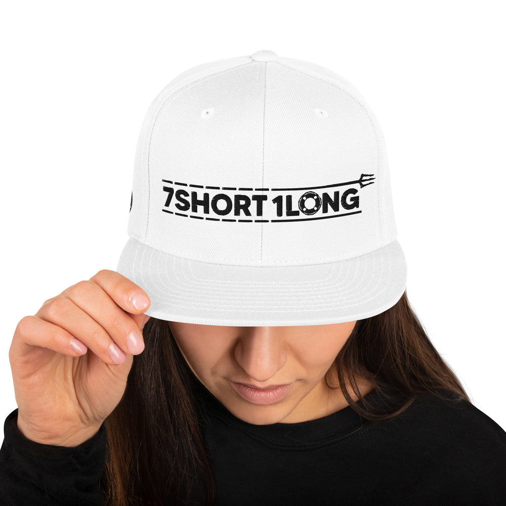 Snapback cap with 7 Short 1 Long maritime signal design, clean seafarer crew style, adjustable snapback closure.