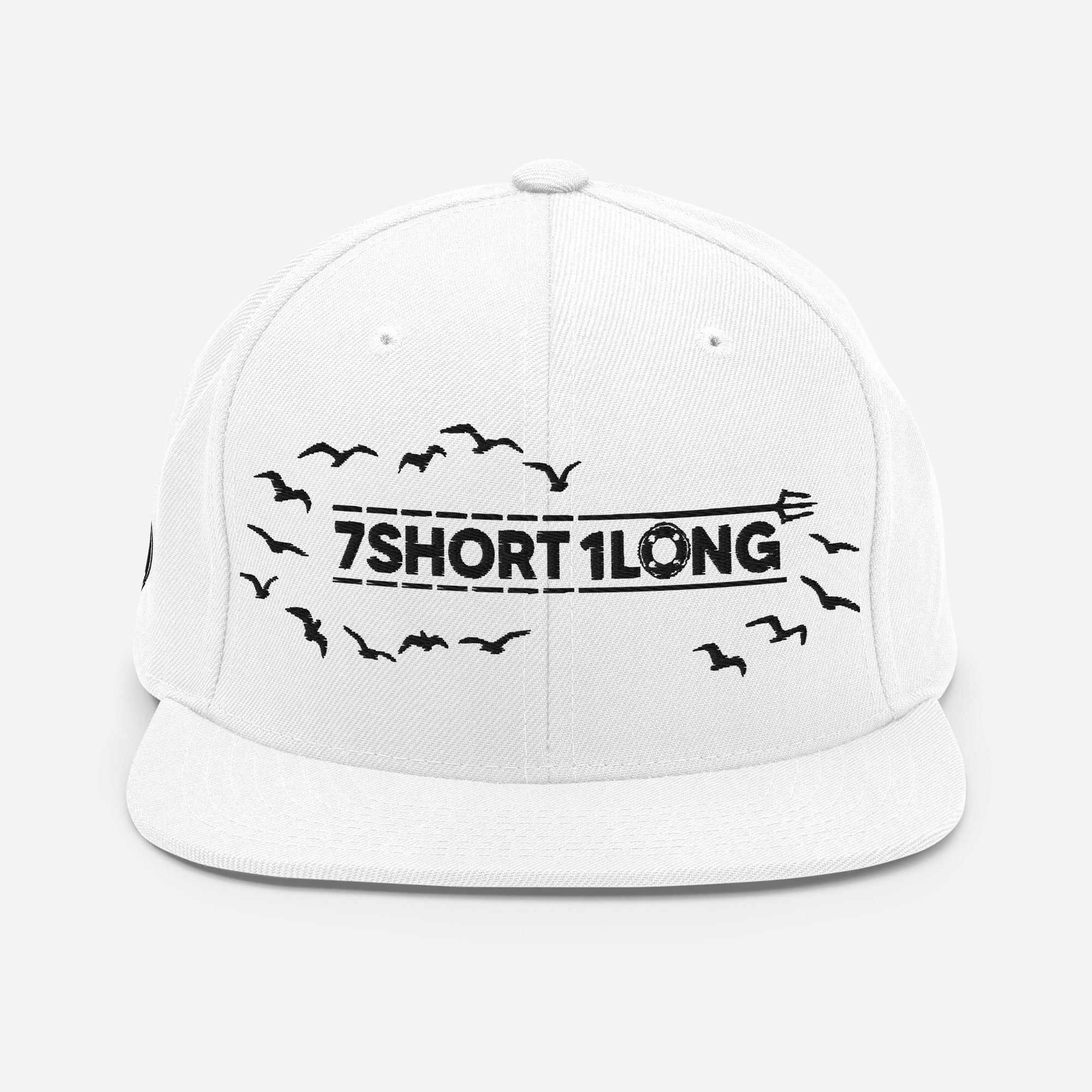White Seafarer Cap with 7SHORT1LONG logo and flying sea birds embroidery, clean maritime streetwear hat