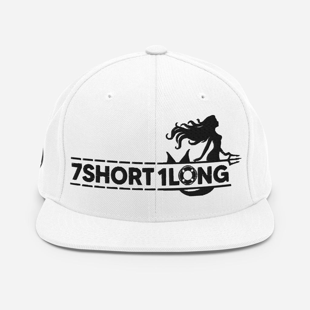 White Seafarer Maritime Mermaid Snapback Cap by 7SHORT1LONG® with a classic front design and nautical maritime theme.