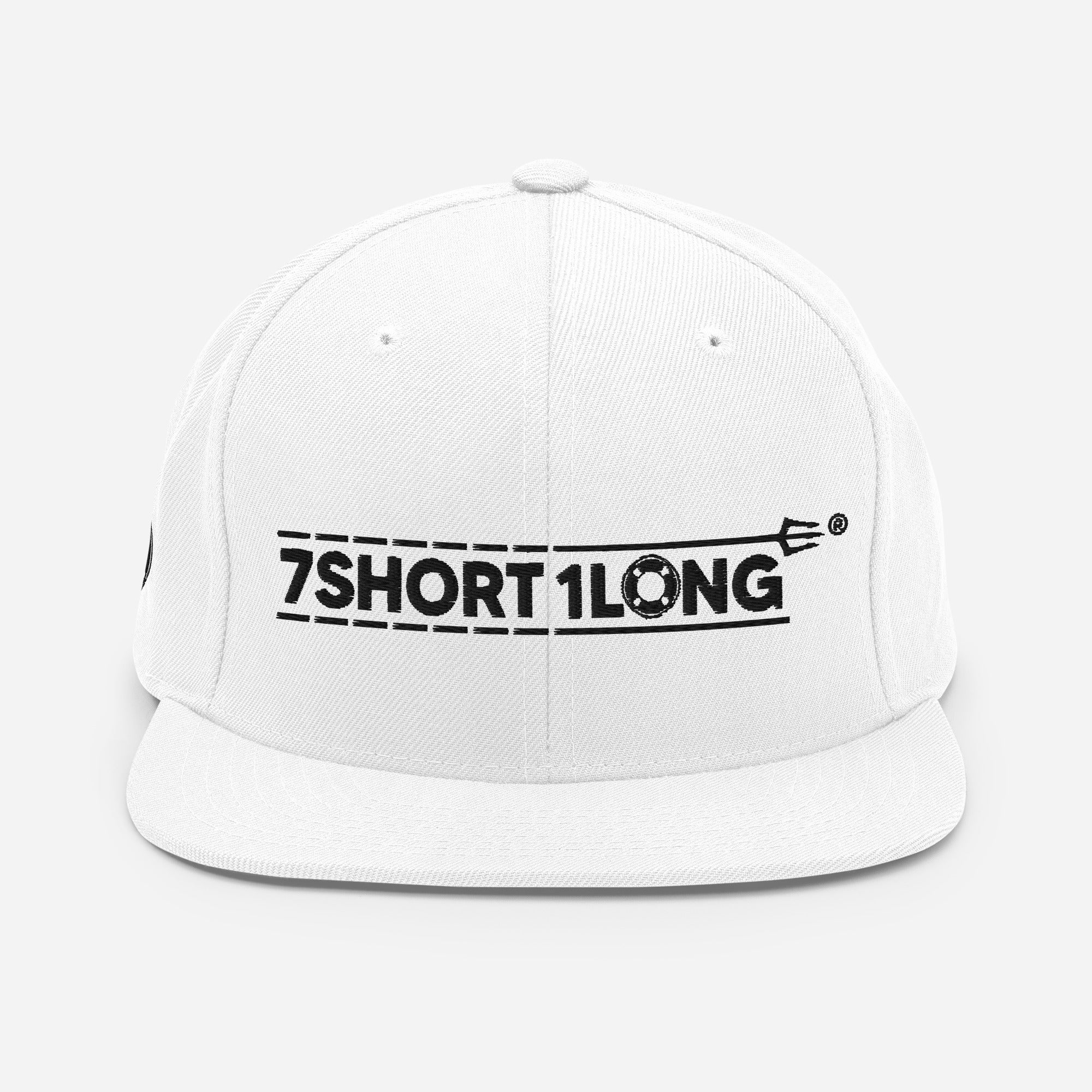 White Seafarer Cap with 7SHORT1LONG embroidery, modern flat bill hat minimal streetwear look