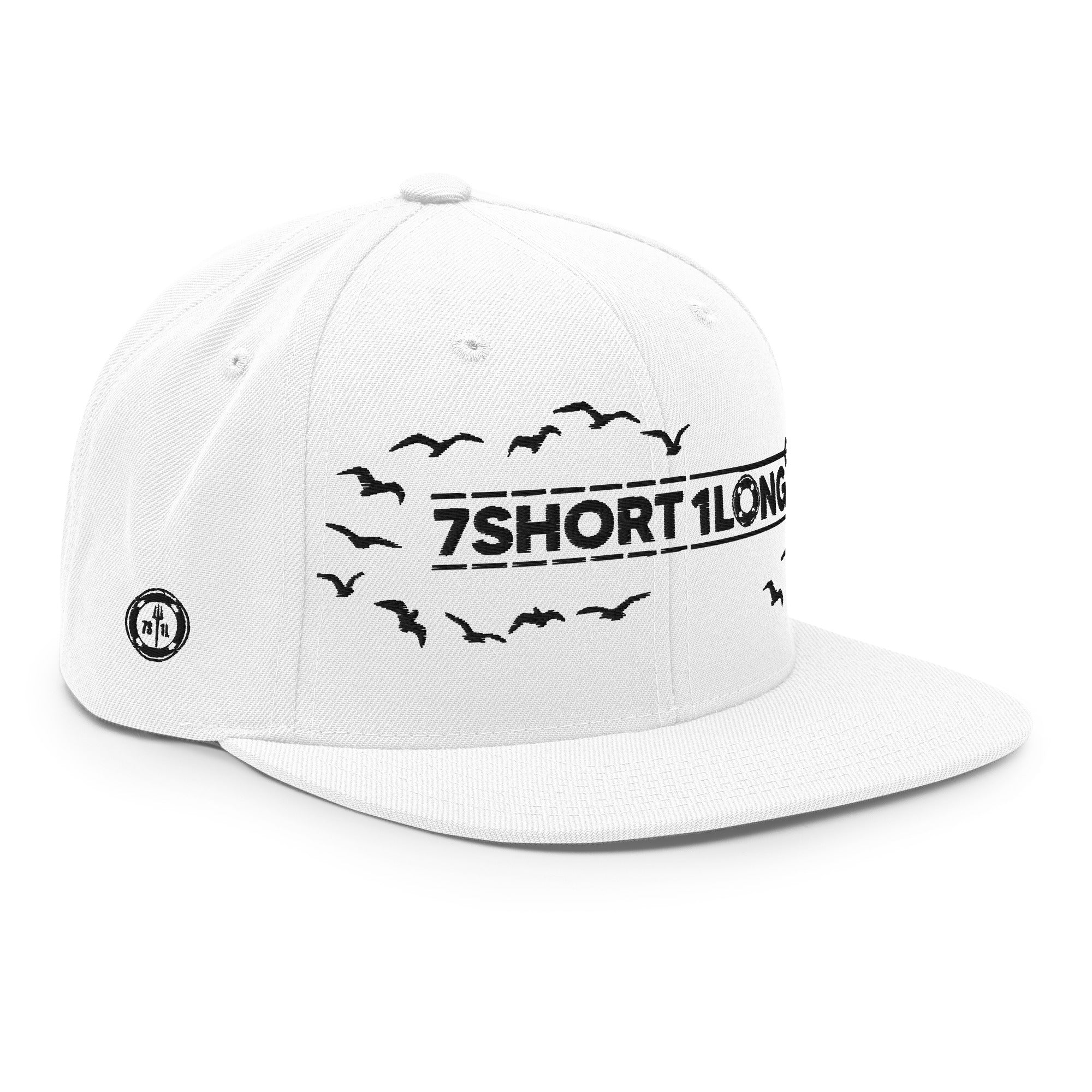 White Seafarer Cap side profile with seagulls design and embroidered branding, modern nautical snapback