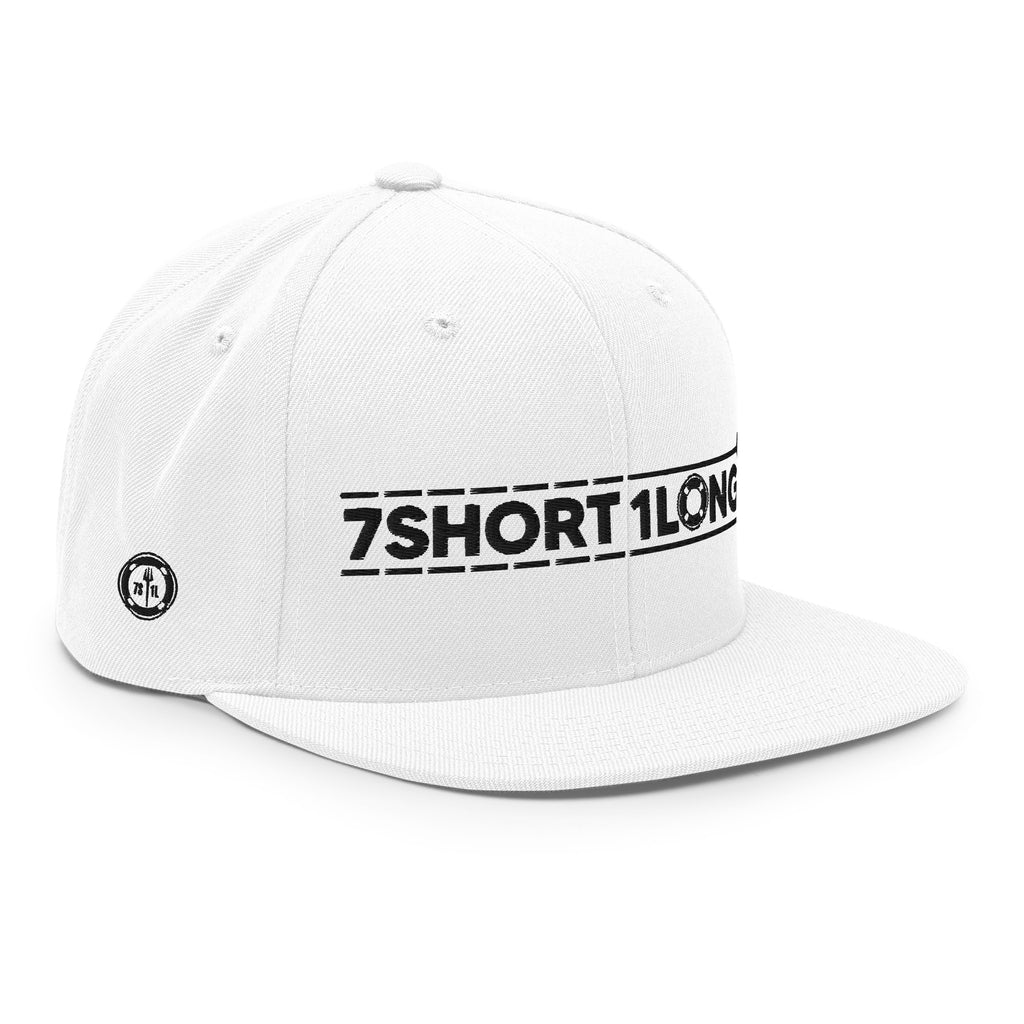 White Seafarer Cap side angle with 7SHORT1LONG logo, premium structured snapback cap