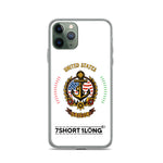 Clear iPhone case with US Seafarer and US Sailor design featuring maritime anchor emblem, nautical symbols, American crew identity, and 7SHORT1LONG logo.