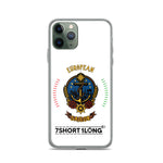 Clear iPhone case with European Sailor design featuring maritime anchor emblem, nautical symbols, European crew identity, and 7SHORT1LONG logo.