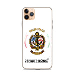 Clear iPhone case with US Seafarer and US Sailor design featuring maritime anchor emblem, nautical symbols, American crew identity, and 7SHORT1LONG logo.