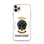 Clear iPhone case with European Sailor design featuring maritime anchor emblem, nautical symbols, European crew identity, and 7SHORT1LONG logo.