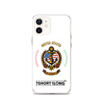 Clear iPhone case with US Seafarer and US Sailor design featuring maritime anchor emblem, nautical symbols, American crew identity, and 7SHORT1LONG logo.