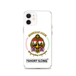Clear iPhone case with Indonesian Sailor design featuring anchor emblem, Indonesian flag colors, maritime symbols, and 7SHORT1LONG logo, made for seafarers and crew members