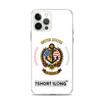 Clear iPhone case with US Seafarer and US Sailor design featuring maritime anchor emblem, nautical symbols, American crew identity, and 7SHORT1LONG logo.