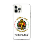Clear iPhone case with Vietnamese Seafarer design featuring maritime anchor emblem, Vietnamese flag colors, nautical symbols, and 7SHORT1LONG logo for crew members.