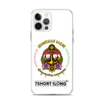 Clear iPhone case with Indonesian Sailor design featuring anchor emblem, Indonesian flag colors, maritime symbols, and 7SHORT1LONG logo, made for seafarers and crew members