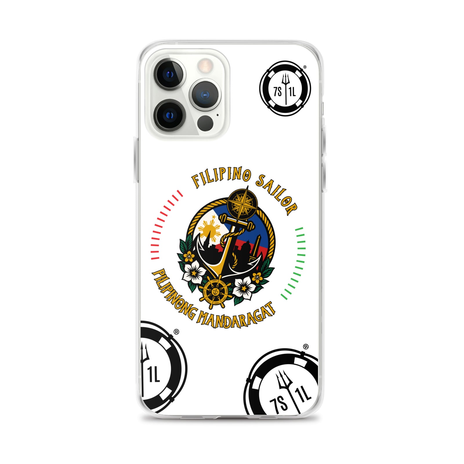 Clear Filipino Sailor iPhone 12 Pro Max case with seafarer anchor design by 7SHORT1LONG® on a phone.