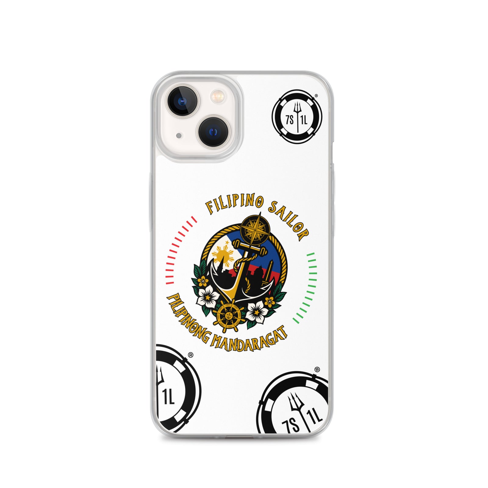 Clear Filipino Sailor iPhone 13 case with seafarer anchor design by 7SHORT1LONG® on a phone.