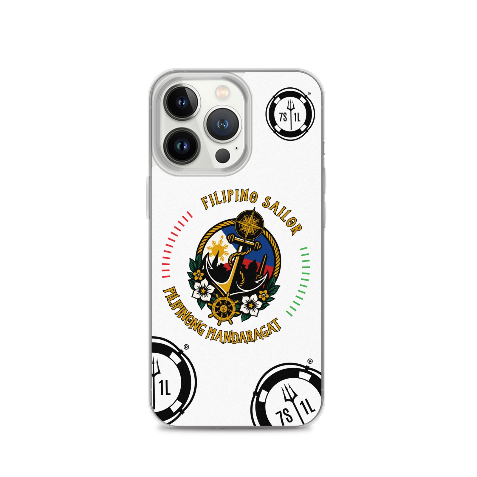 Clear Filipino Sailor iPhone 13 Pro case featuring a seafarer anchor design by 7SHORT1LONG®.