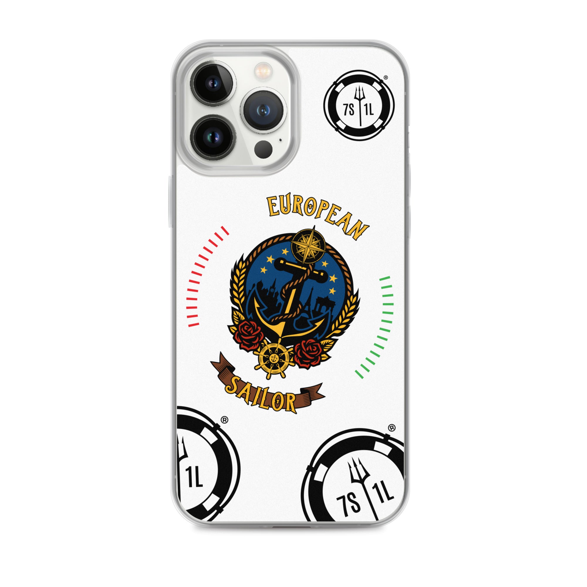 7SHORT1LONG® European Sailor iPhone 13 Pro Max case with maritime anchor design, clear protective cover on phone.