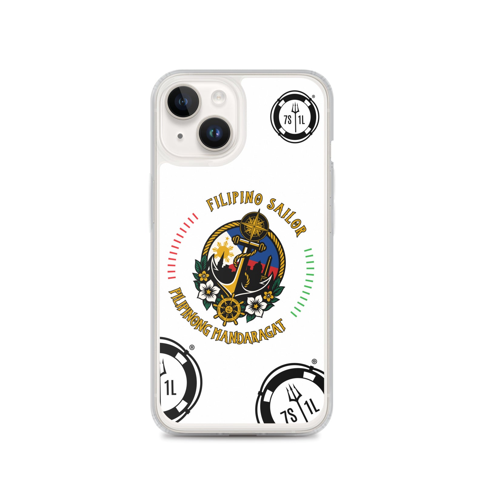 Clear Filipino Sailor iPhone 14 case with Seafarer anchor design by 7SHORT1LONG®, showing the phone inside the transparent case.