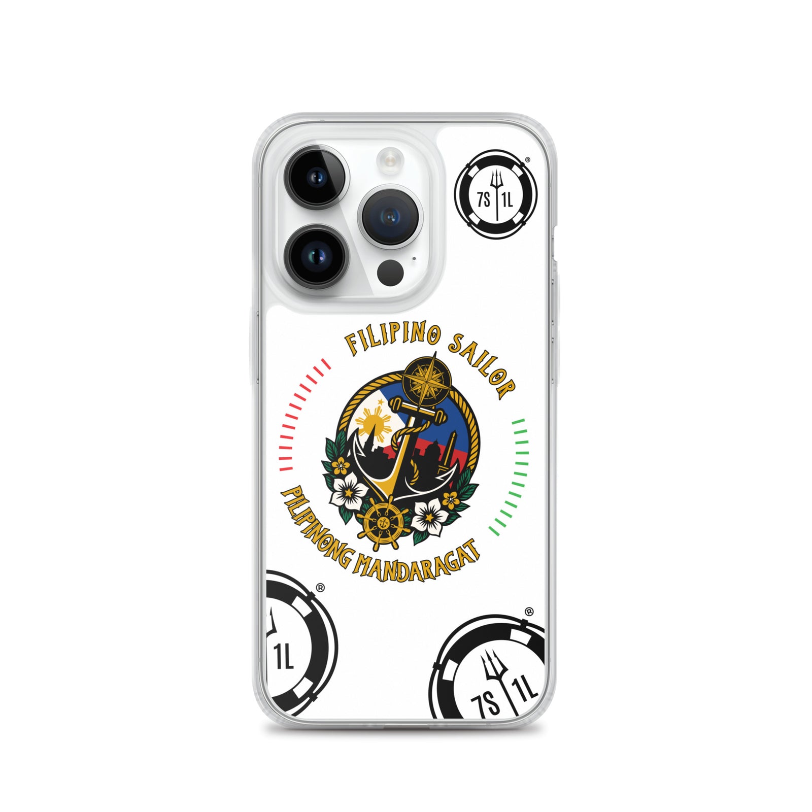 Clear Filipino Sailor iPhone 14 Pro case with seafarer anchor design by 7SHORT1LONG® on a phone.