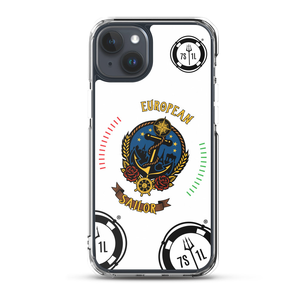 European Sailor iPhone Case by 7SHORT1LONG® with maritime anchor design on clear protective case for iPhone 15 Plus.