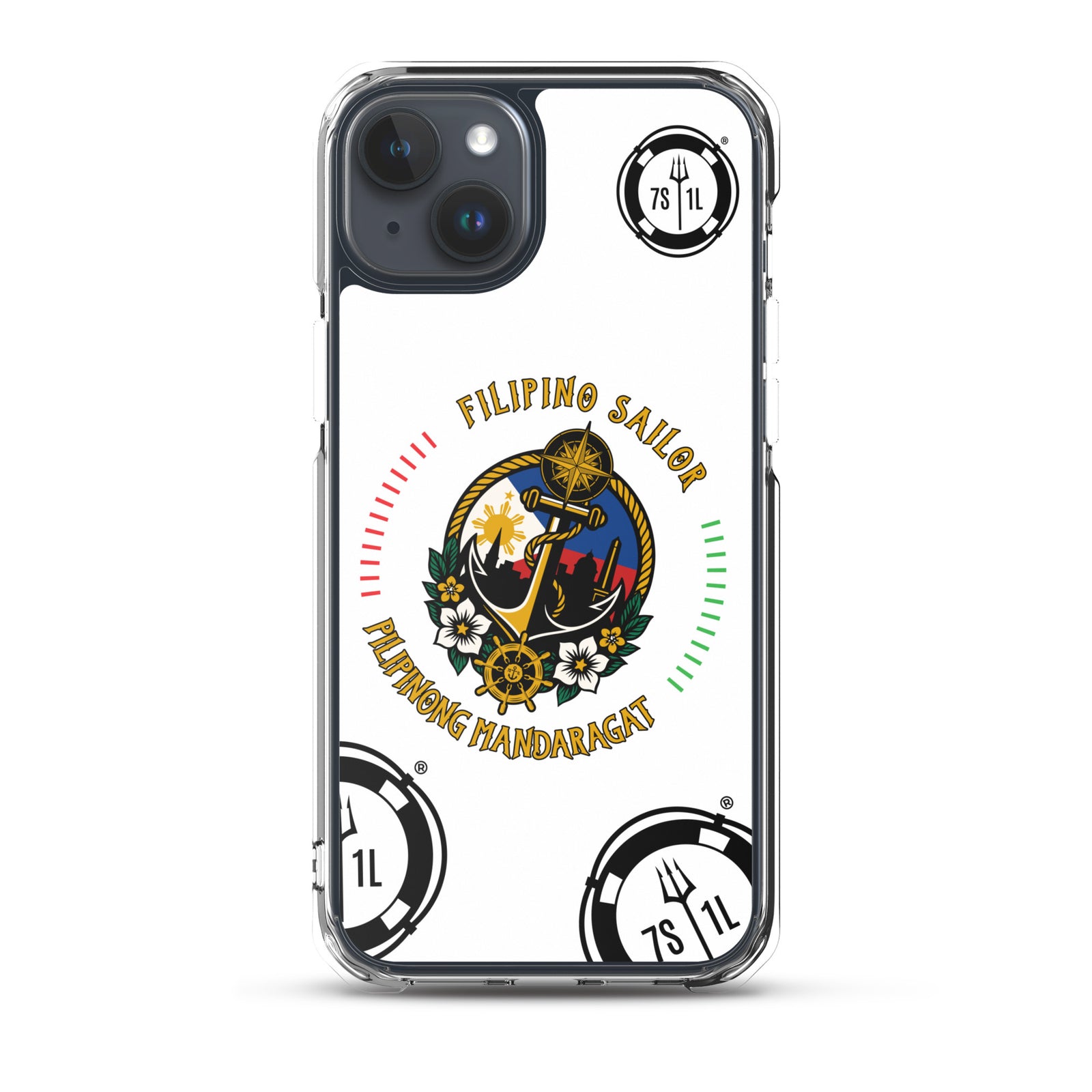 Clear iPhone 15 Plus case with Filipino sailor anchor design by 7SHORT1LONG® on phone.