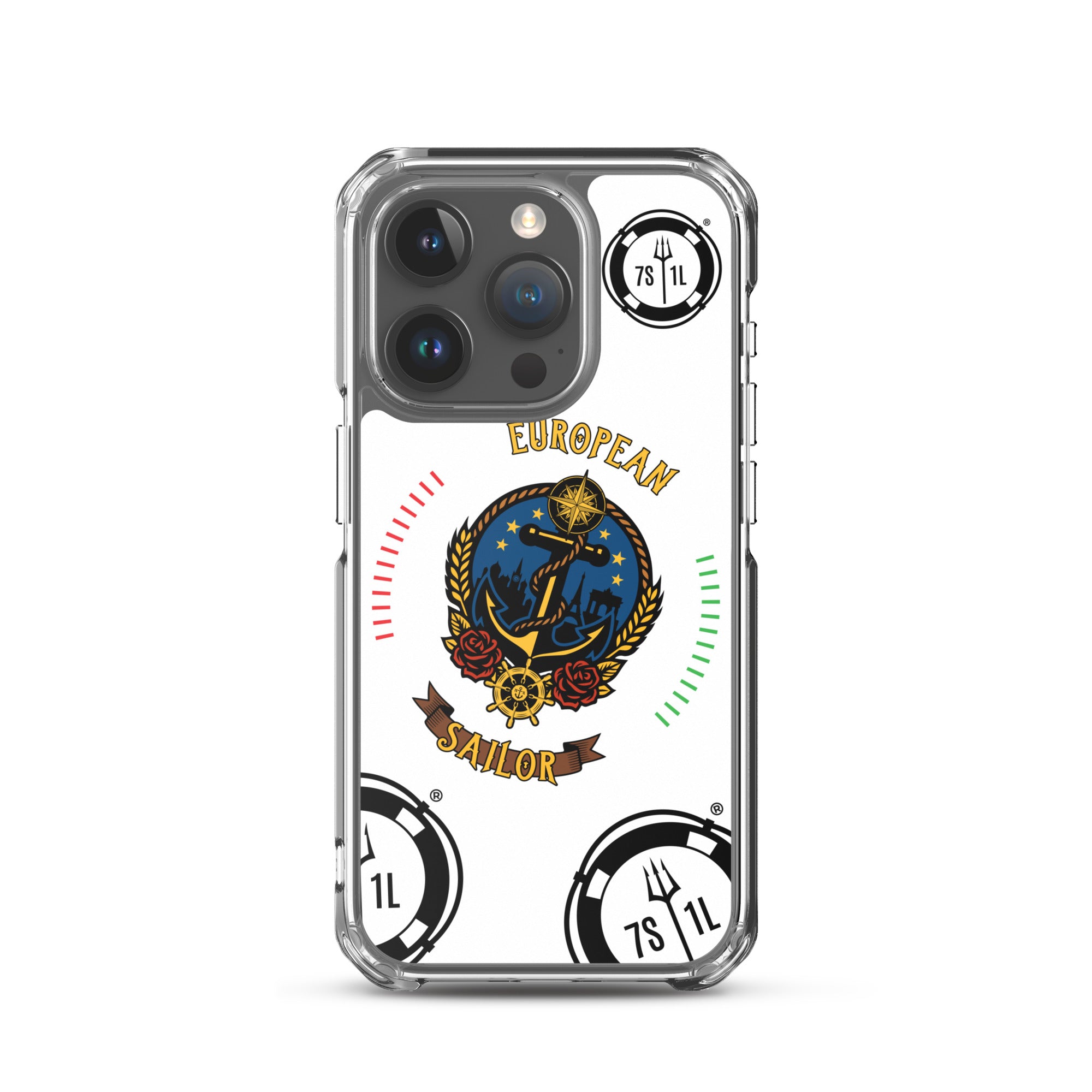 European Sailor iPhone Case by 7SHORT1LONG® featuring a maritime anchor design on a clear protective case for iPhone 15 Pro.