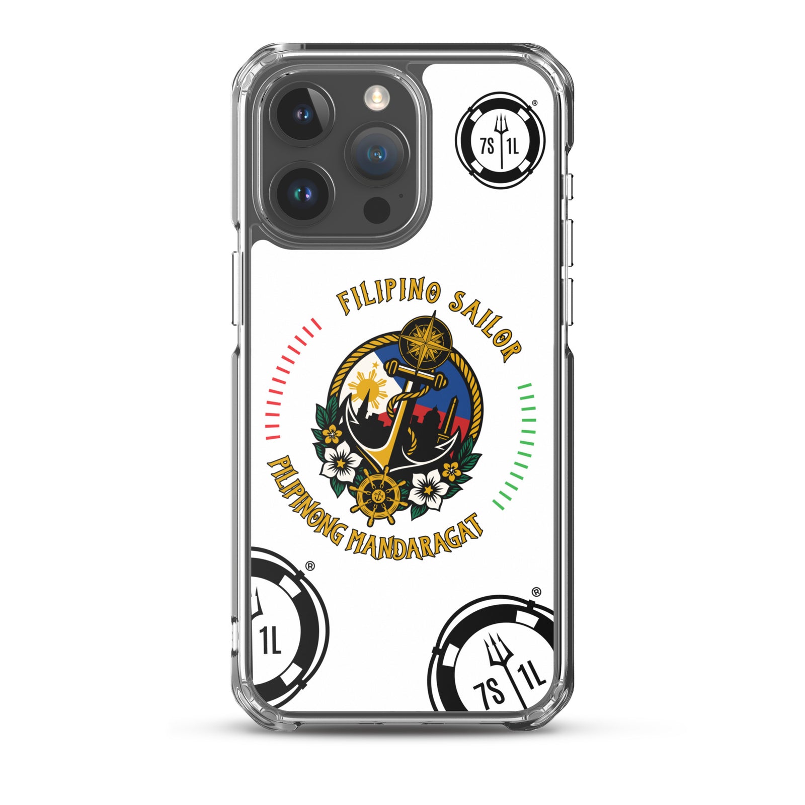 Clear Filipino Sailor iPhone 15 Pro Max case with seafarer anchor design by 7SHORT1LONG®.
